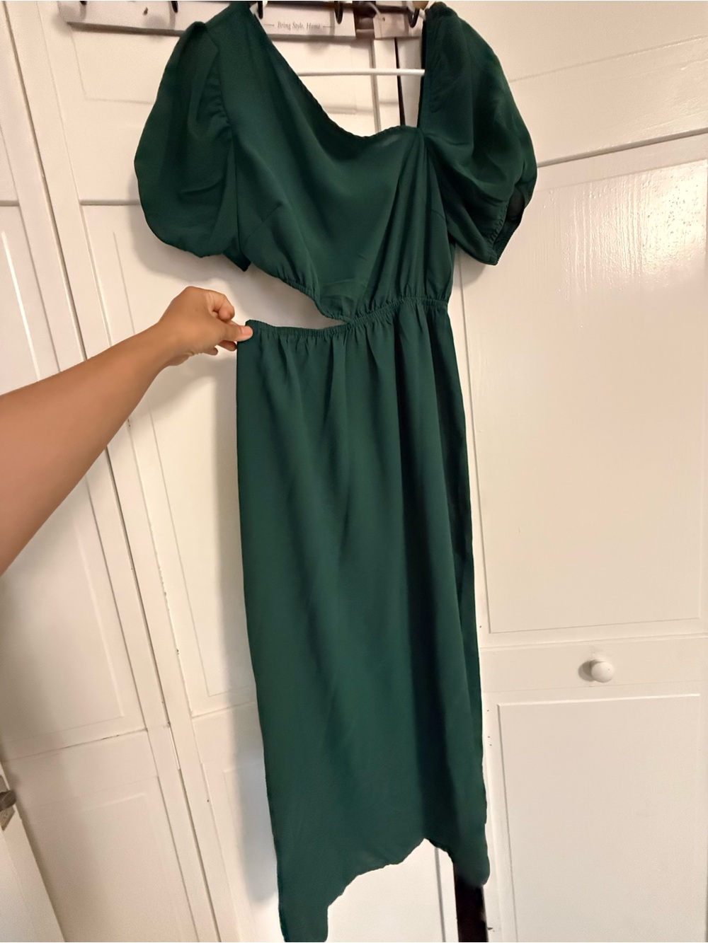 Green Puff-Sleeve Cutout Long Dress
